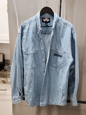 Harley Davidson Men's Button Down Shirt Denim Long Sleeve Distressed Size 2XL